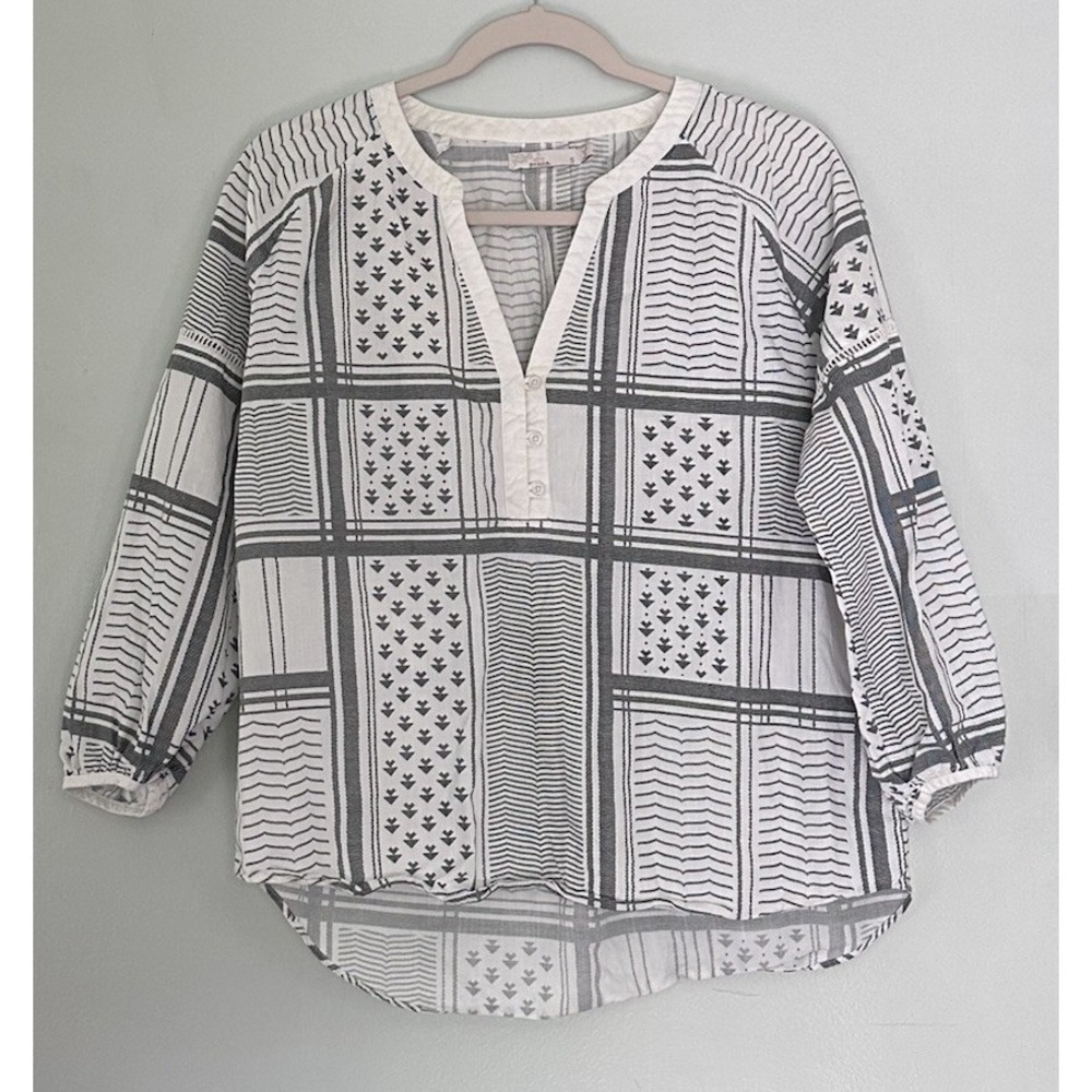 PrAna Elena‎ Organic Cotton Geometric Gray White Aztec Tribal Popover Top Size S